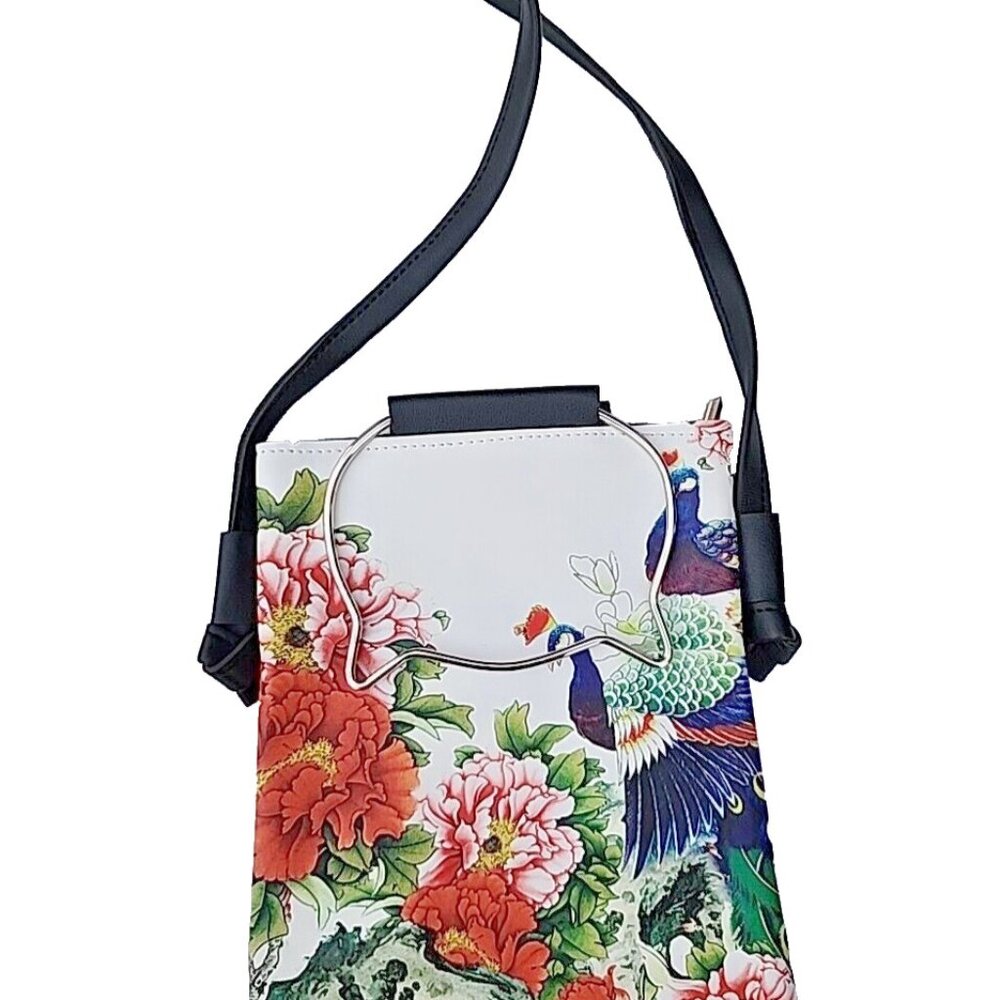 Peacock & Flowers Colorful Graphic Print Small Bag W/ Cat Shaped Metal Handles